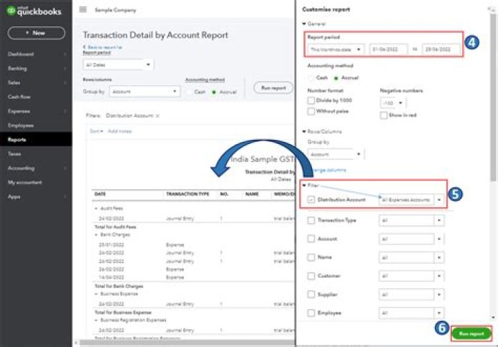 How do I run a transaction detail by account report in QuickBooks?