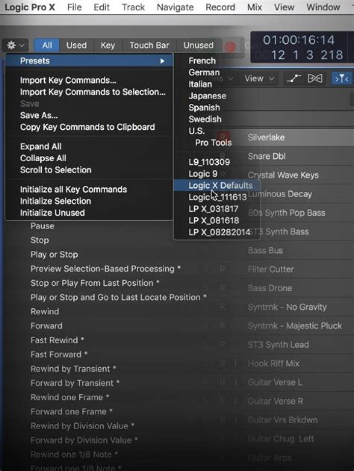How do I set key commands in Logic Pro X?