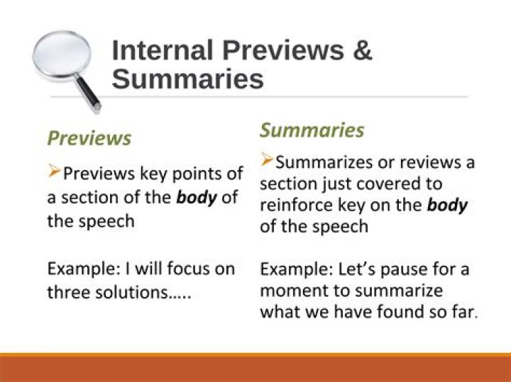 What are internal previews in a speech?