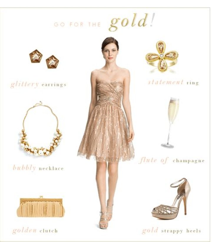What color jewelry goes with gold dress?