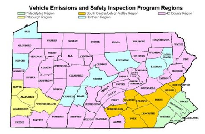 What counties in PA do not require emissions?