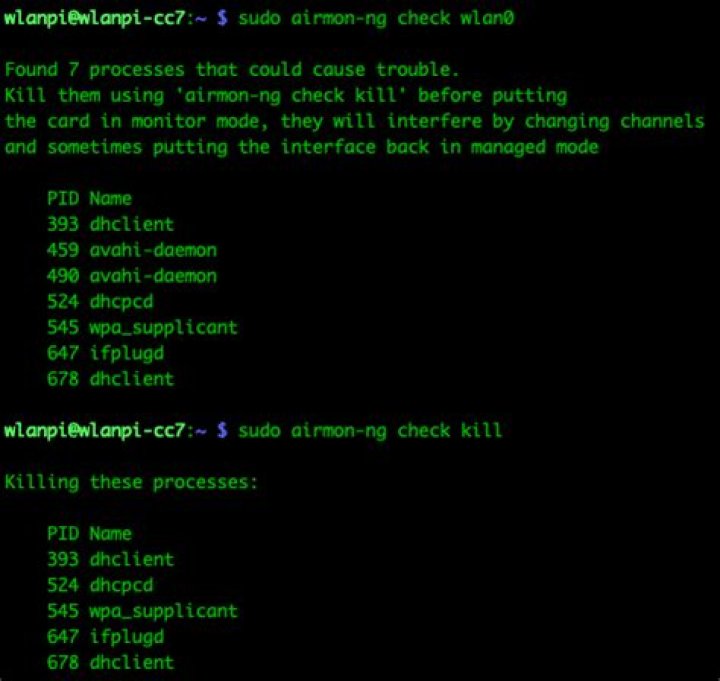 What does Airmon ng check kill do?