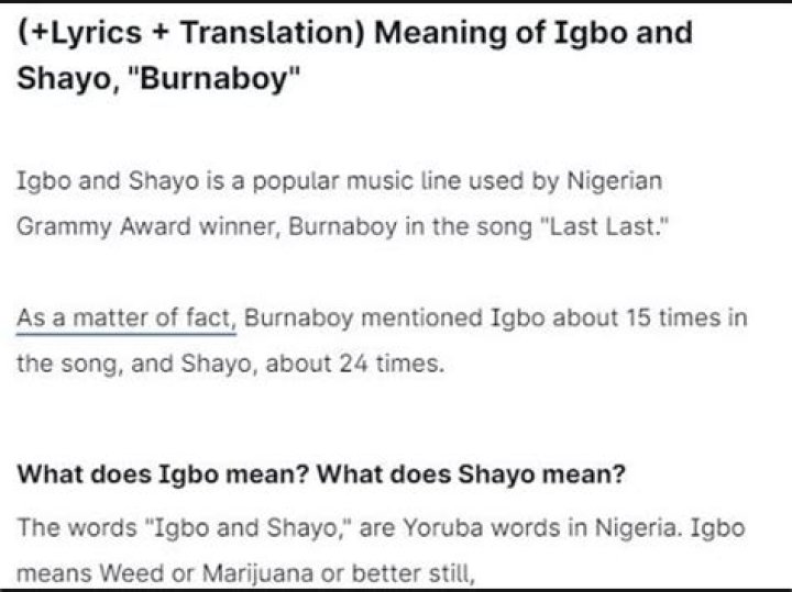 What does igbo and shayo meaning in english?